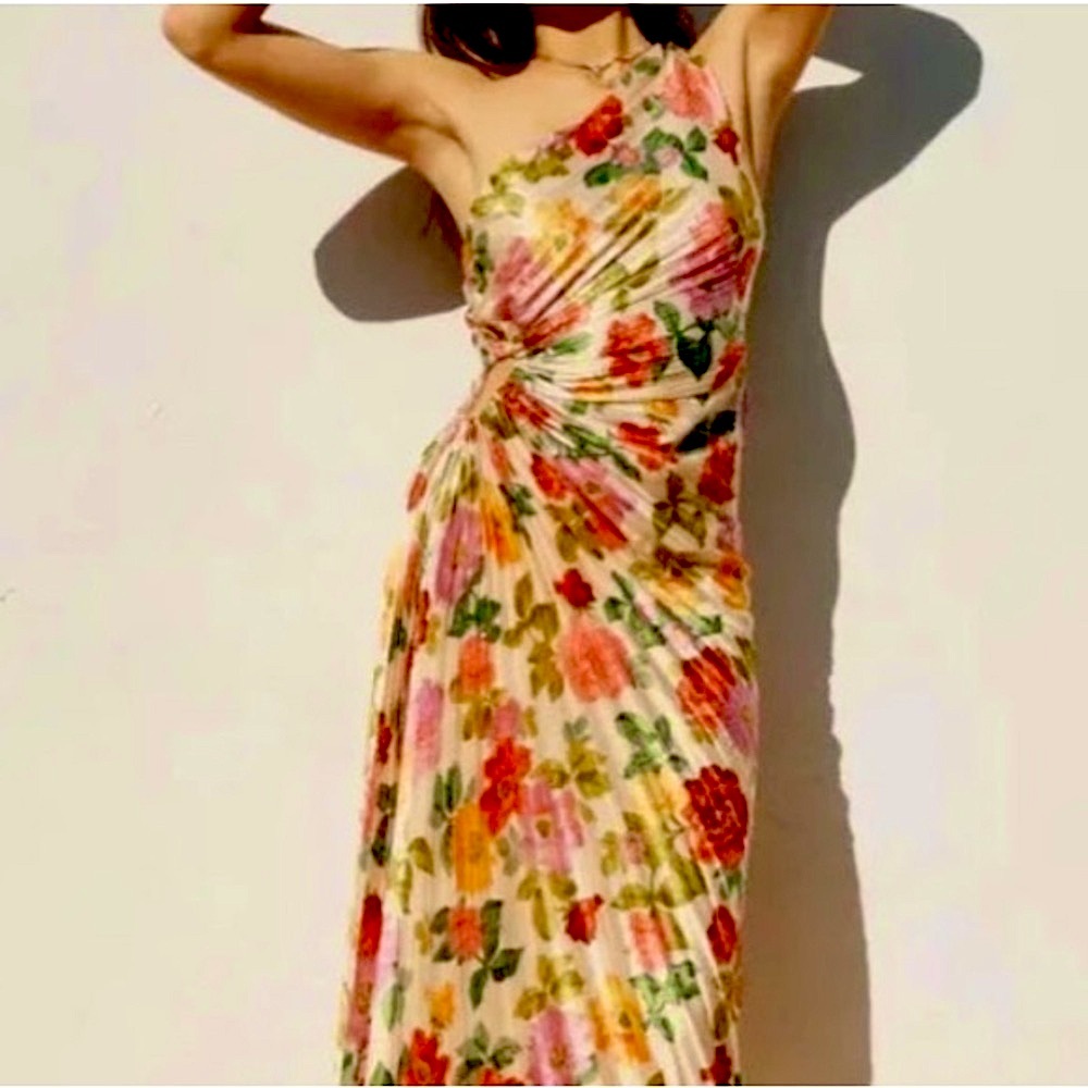 One Shoulder Floral Asymmetrical Dress with Side Cut Out